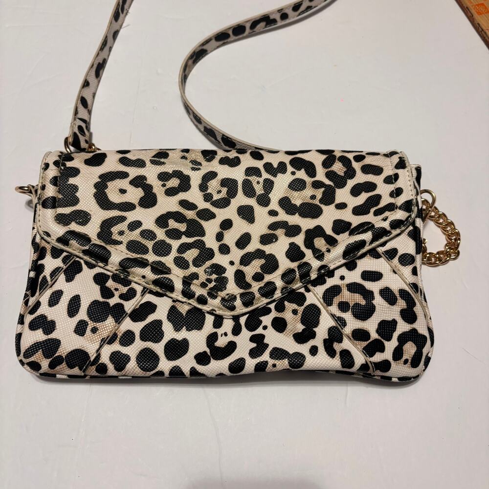Caroline Hill Leopard Print Crossbody Clutch Cream Black Chain Strap
